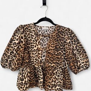 GANNI Leopard Poplin Peplum Top